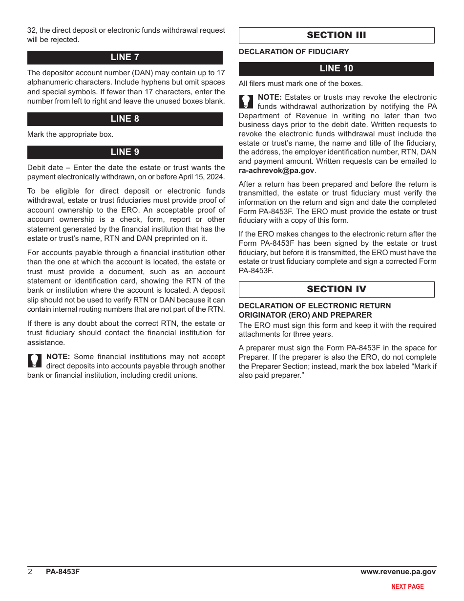 Form PA-8453F Pennsylvania Fiduciary Income Tax Declaration for Electronic Filing - Pennsylvania, Page 3