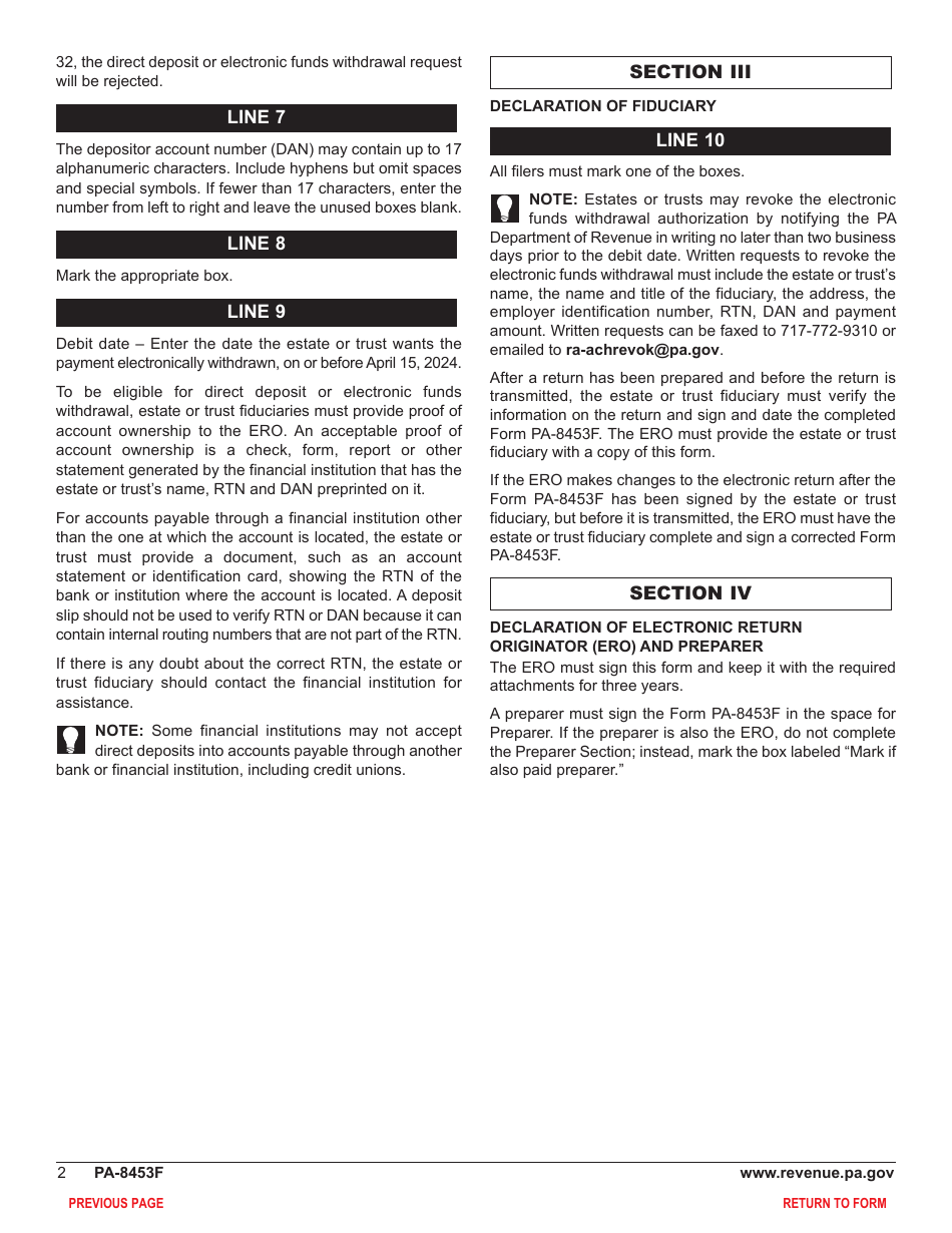Form PA-8453F Pennsylvania Fiduciary Income Tax Declaration for Electronic Filing - Pennsylvania, Page 4