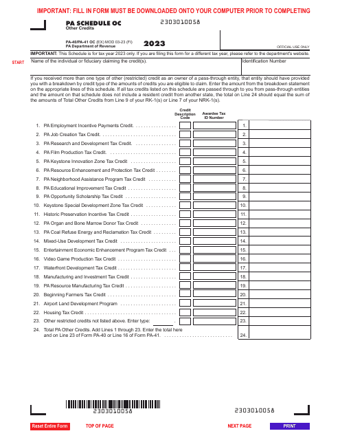 Form PA-40 (PA-41) Schedule OC 2023 Printable Pdf