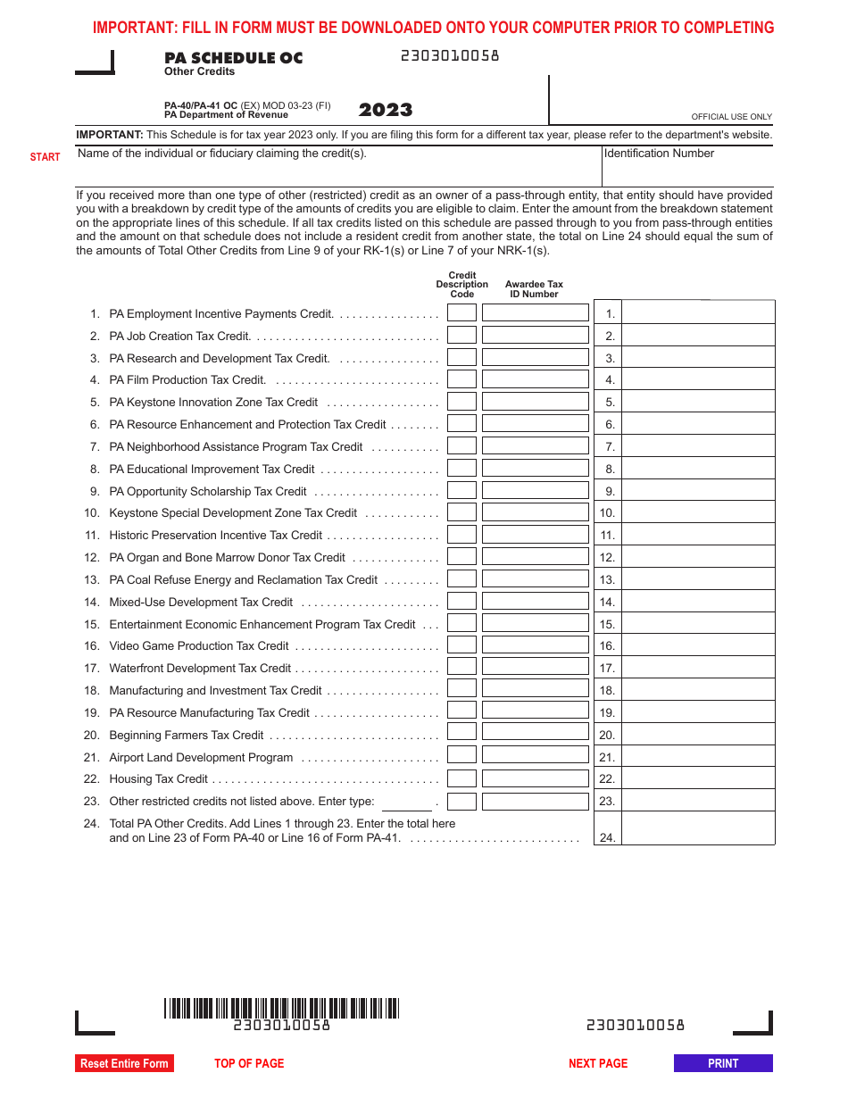 Form pa 40 pa 41 schedule oc download fillable pdf or fill online