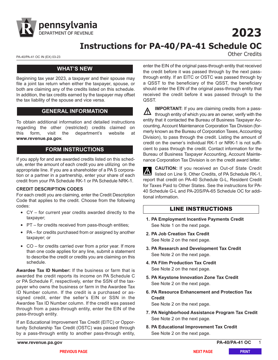 Form PA-40 (PA-41) Schedule OC Other Credits - Pennsylvania, Page 3