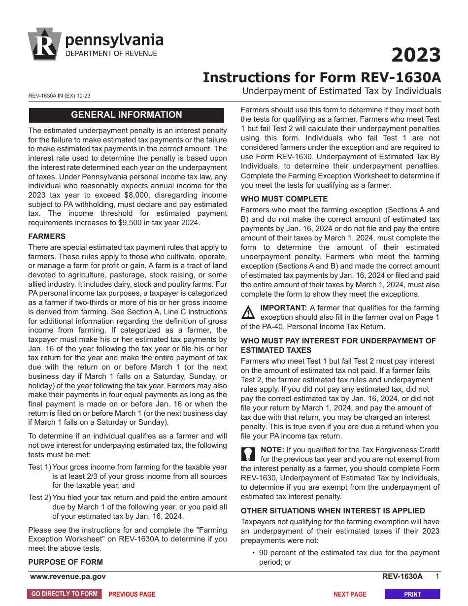 Form REV-1630A Underpayment of Estimated Tax by Individual Farmers - Pennsylvania, Page 3