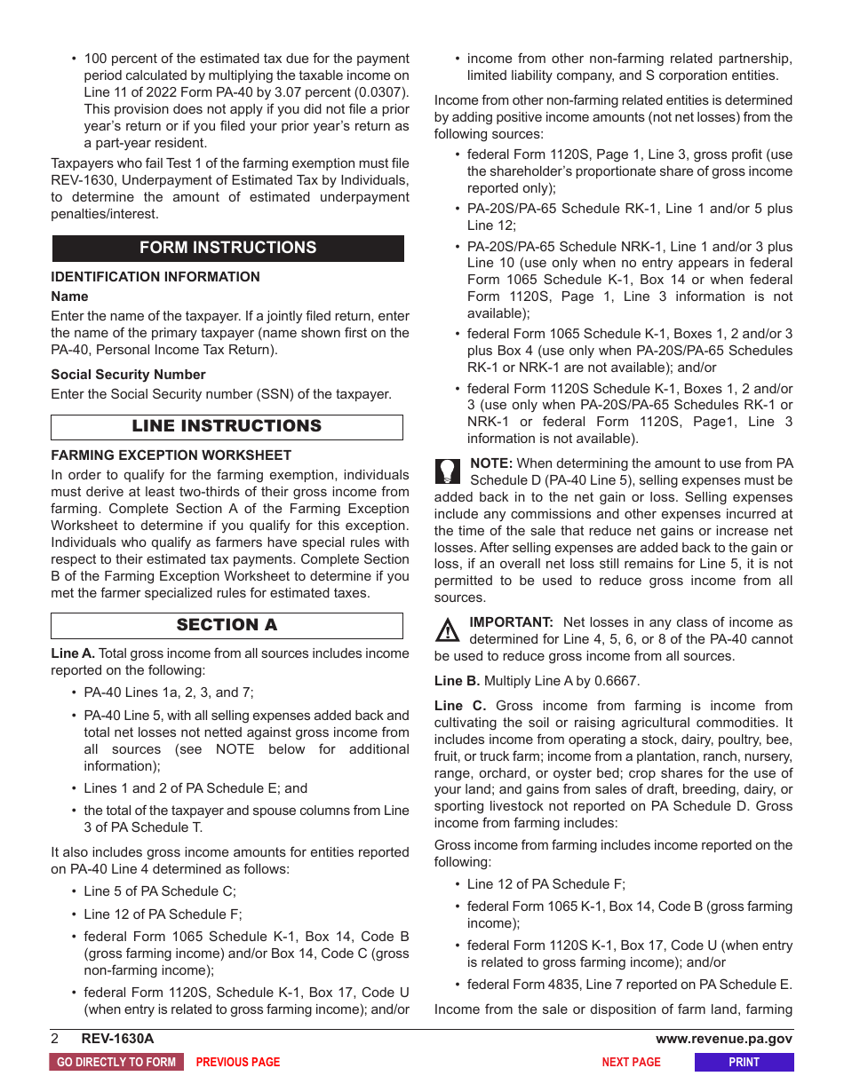 Form REV-1630A Underpayment of Estimated Tax by Individual Farmers - Pennsylvania, Page 4
