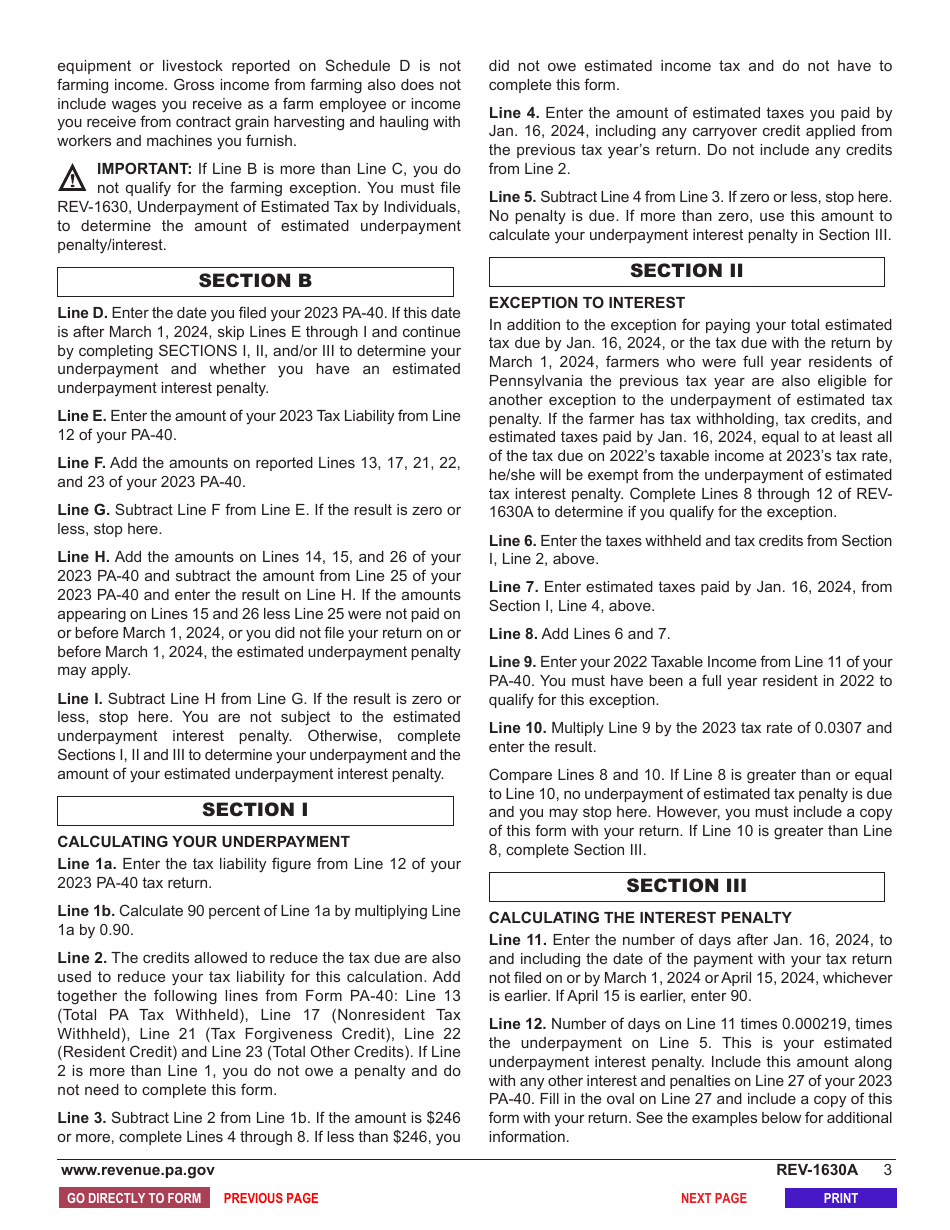 Form REV-1630A Underpayment of Estimated Tax by Individual Farmers - Pennsylvania, Page 5