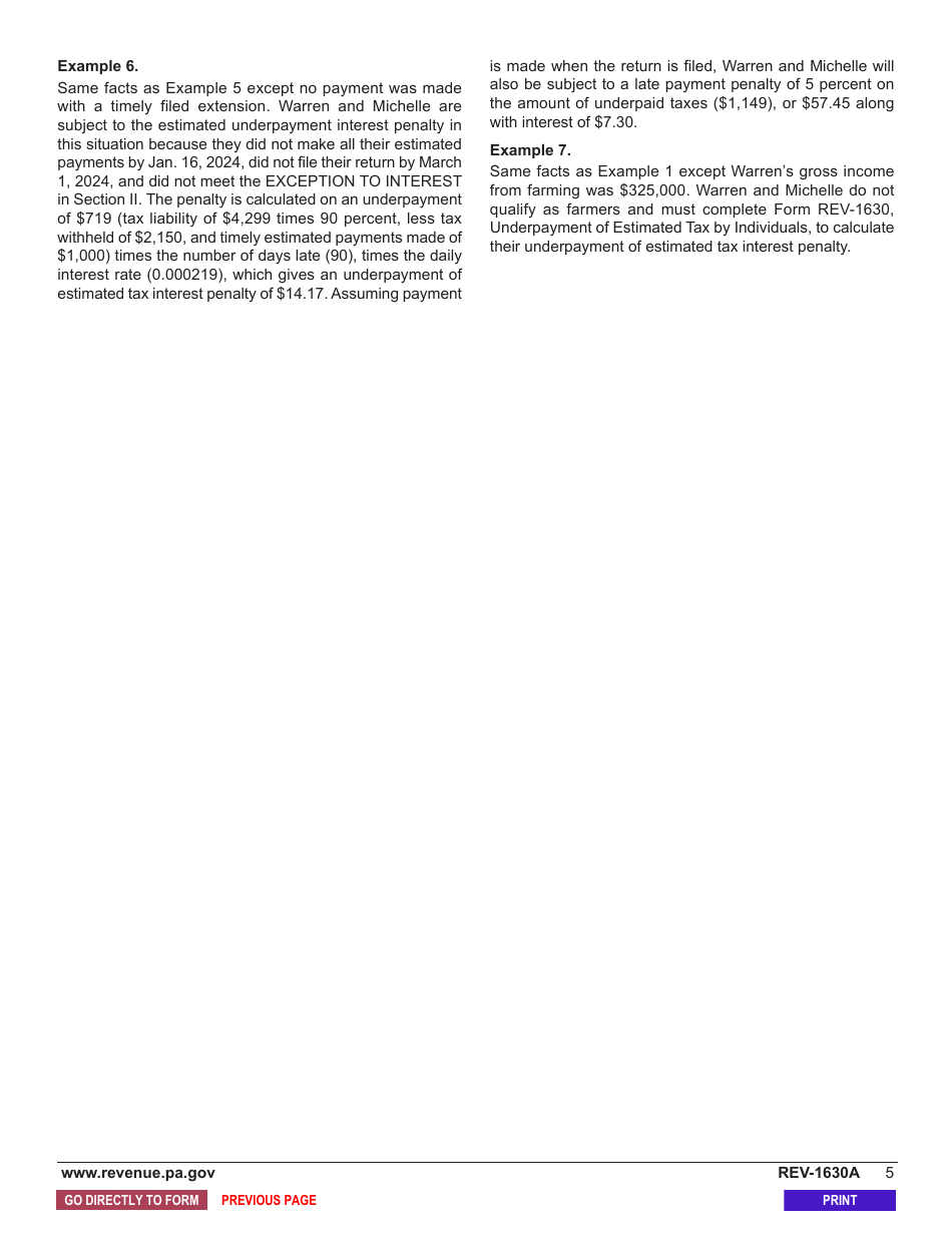 Form REV-1630A Underpayment of Estimated Tax by Individual Farmers - Pennsylvania, Page 7