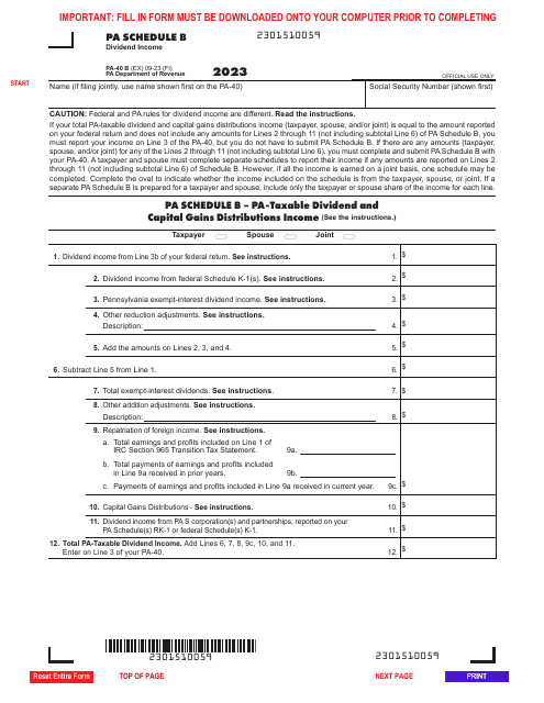 Form PA-40 Schedule B 2023 Printable Pdf