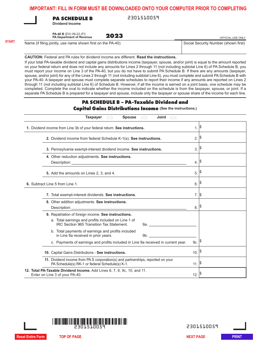 Form pa 40 schedule b download fillable pdf or fill online dividend