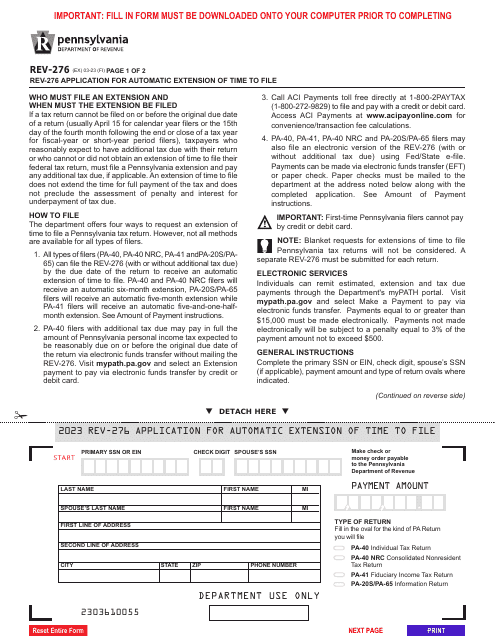 Form REV-276 Application for Automatic Extension of Time to File - Pennsylvania, 2023