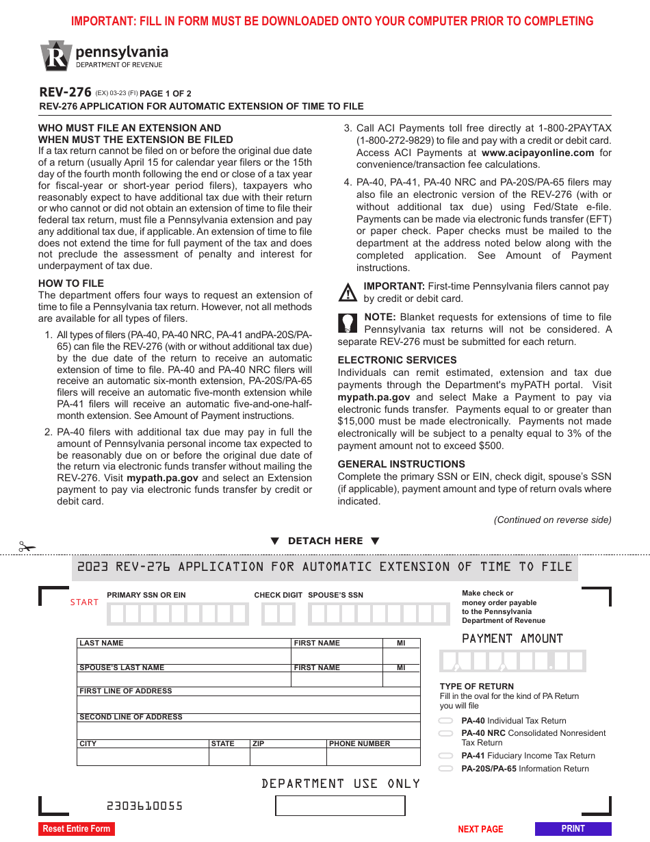 Form REV-276 Application for Automatic Extension of Time to File - Pennsylvania, Page 1