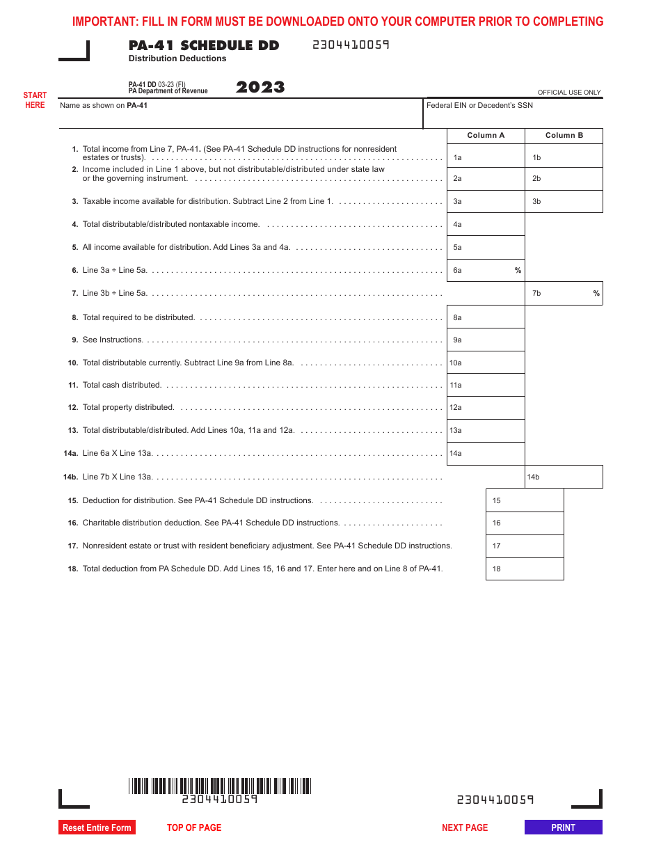 Form PA-41 Schedule DD Distribution Deductions - Pennsylvania, Page 1