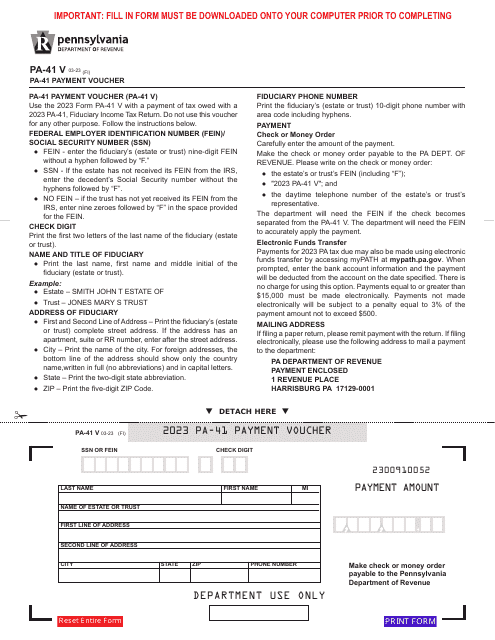 Form PA-41 V Payment Voucher - Pennsylvania, 2023