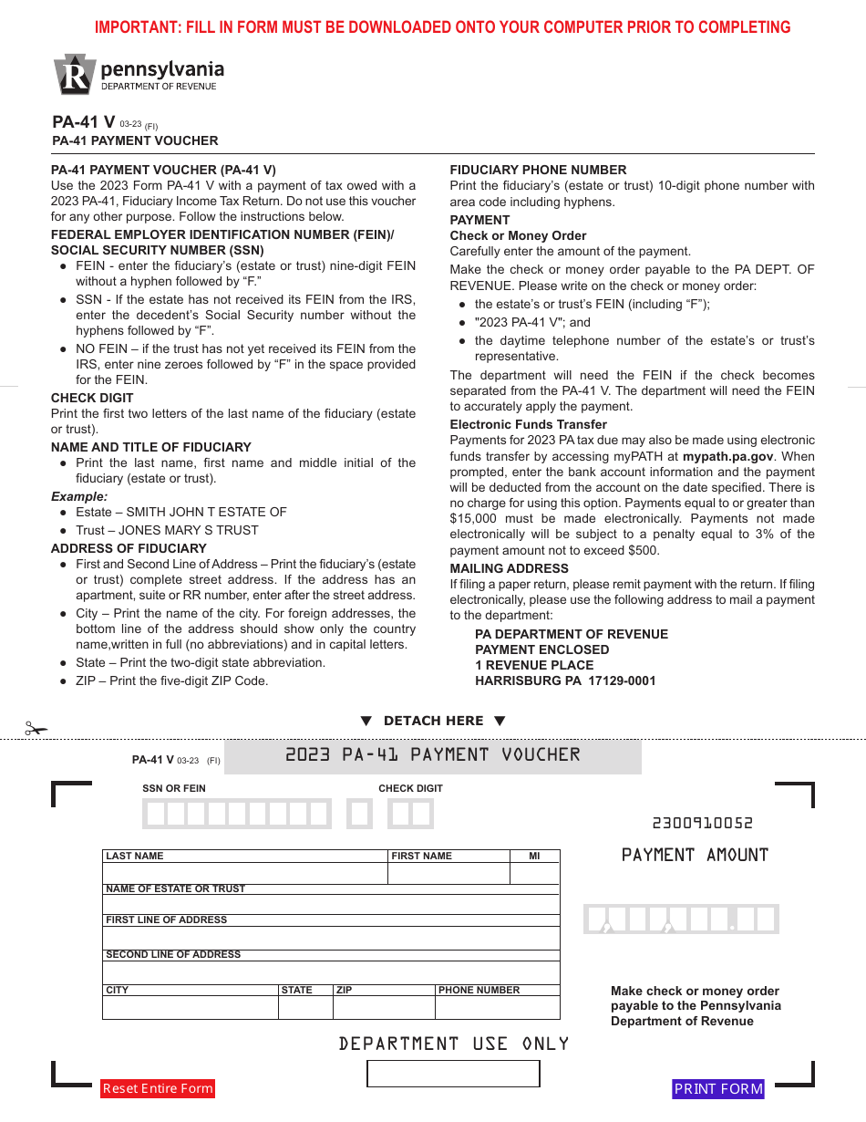Form PA-41 V Payment Voucher - Pennsylvania, Page 1