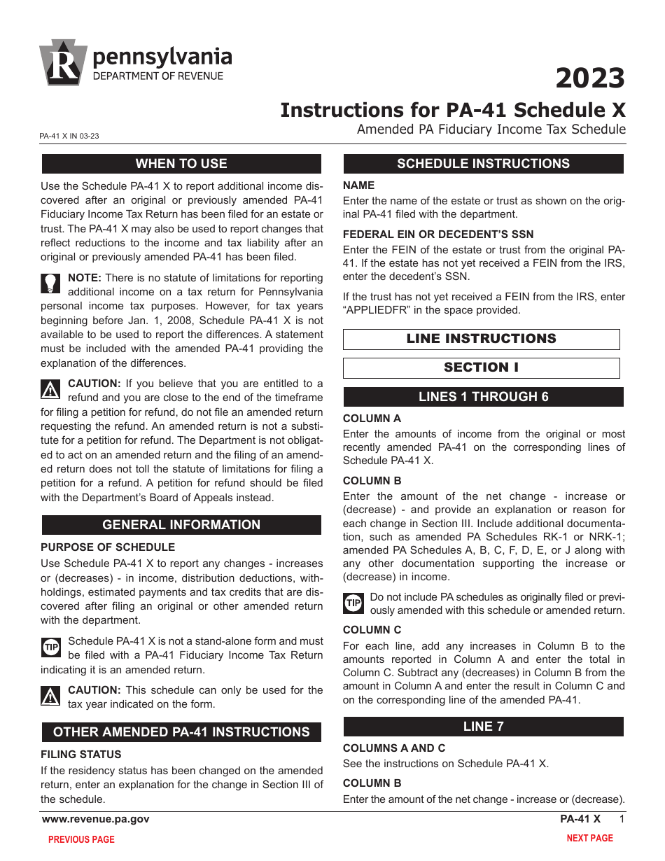 Form PA-41 Schedule X Amended Pa Fiduciary Income Tax Schedule - Pennsylvania, Page 3