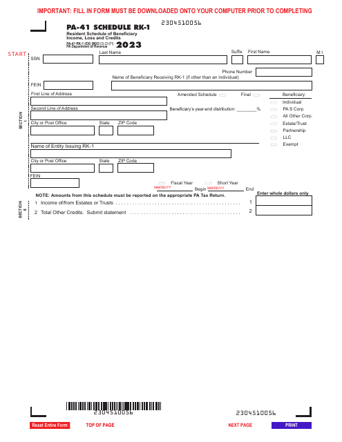 Form PA-41 Schedule RK-1 2023 Printable Pdf