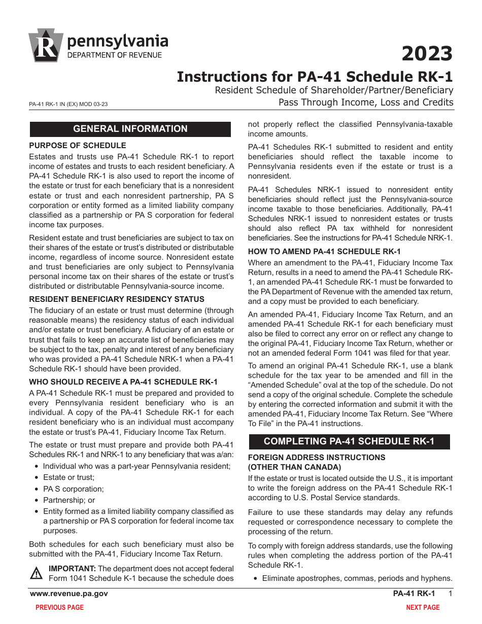 Form PA-41 Schedule RK-1 Resident Schedule of Beneficiary Income, Loss and Credits - Pennsylvania, Page 3