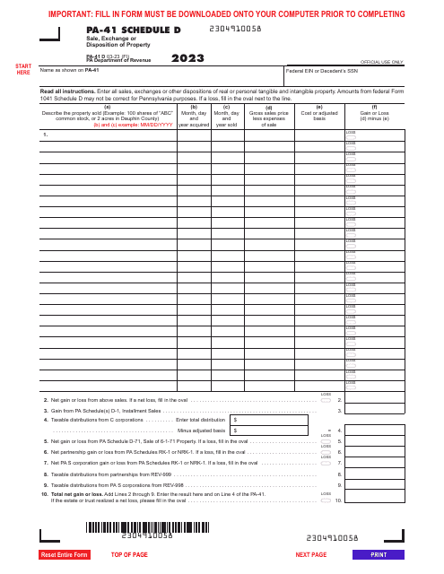 Form PA-41 Schedule D 2023 Printable Pdf