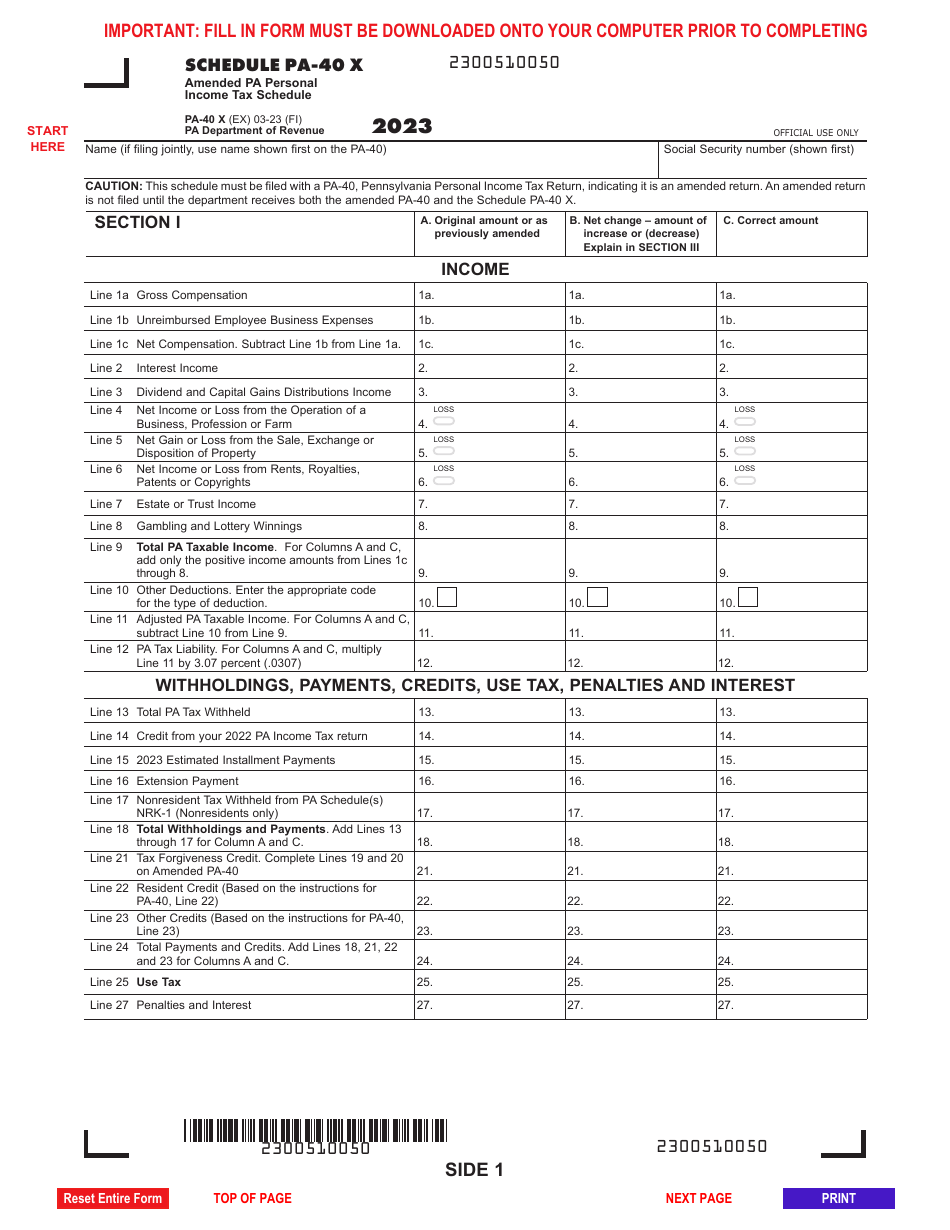 Form PA-40 Schedule PA-40 X Download Fillable PDF or Fill Online Amended Pa Personal Income Tax ...