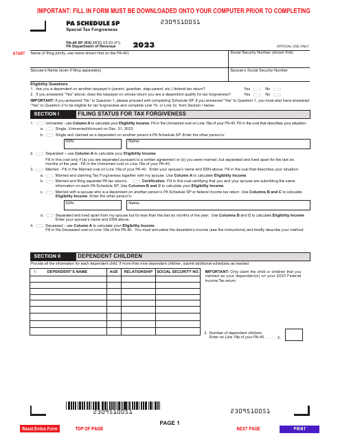Form PA-40 Schedule SP Special Tax Forgiveness - Pennsylvania, 2023