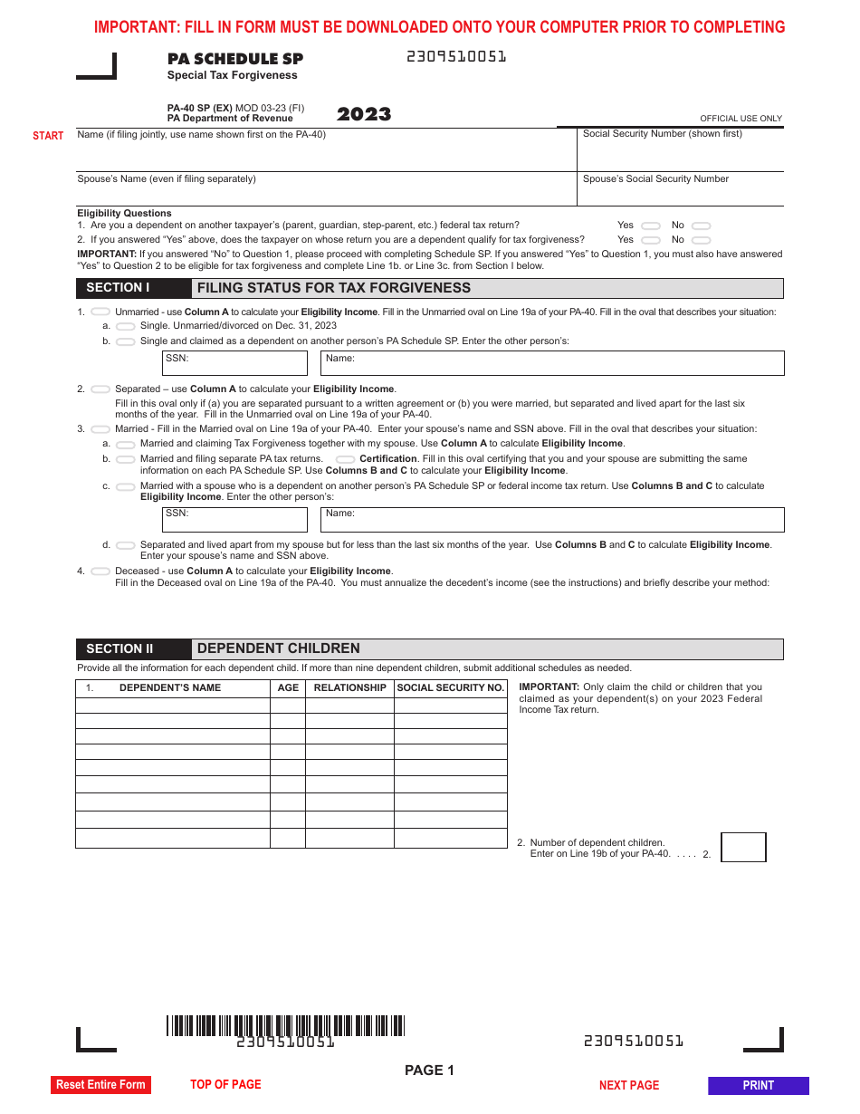 Form PA-40 Schedule SP Special Tax Forgiveness - Pennsylvania, Page 1