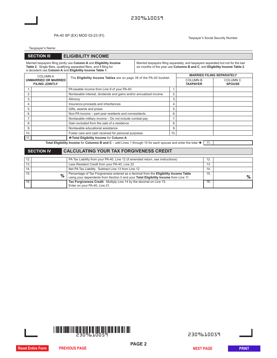 Form PA40 Schedule SP Download Fillable PDF or Fill Online Special Tax