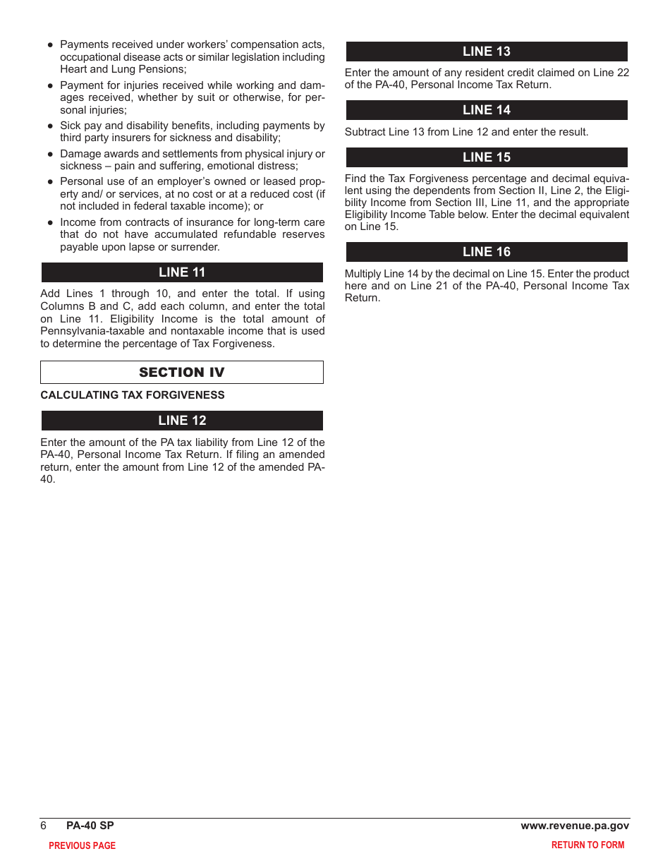 Form PA-40 Schedule SP Special Tax Forgiveness - Pennsylvania, Page 8