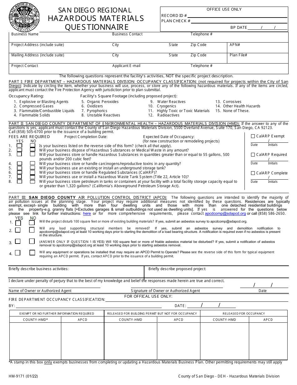 Form HM9171 Download Fillable PDF or Fill Online Hazardous Materials