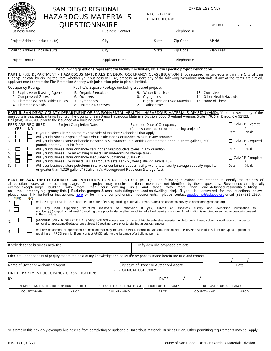 Form HM-9171 Hazardous Materials Questionnaire - County of San Diego, California, Page 1