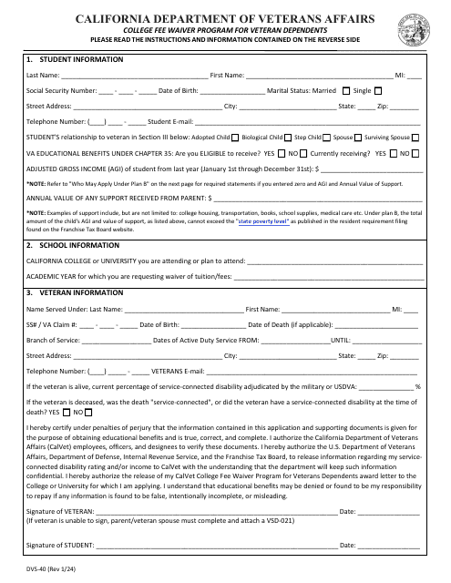 Form DVS-40 College Fee Waiver Program for Veteran Dependents - California