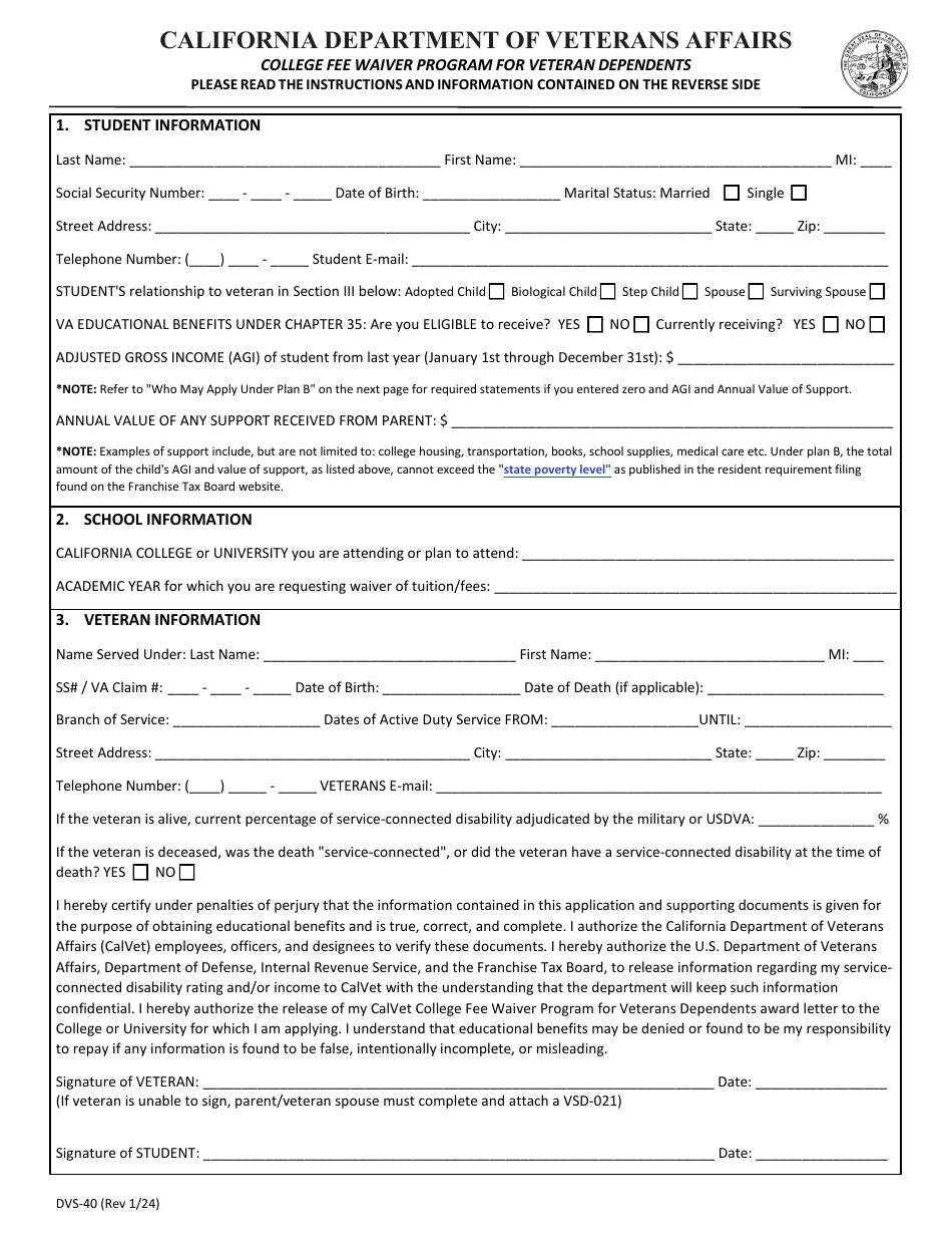 Form DVS-40 College Fee Waiver Program for Veteran Dependents - California, Page 1