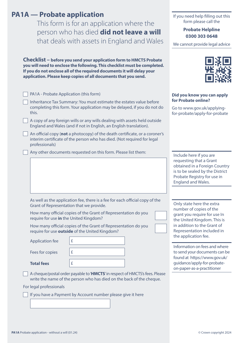 Form PA1A Probate Application - Without a Will - Probate Practitioners - United Kingdom, Page 1