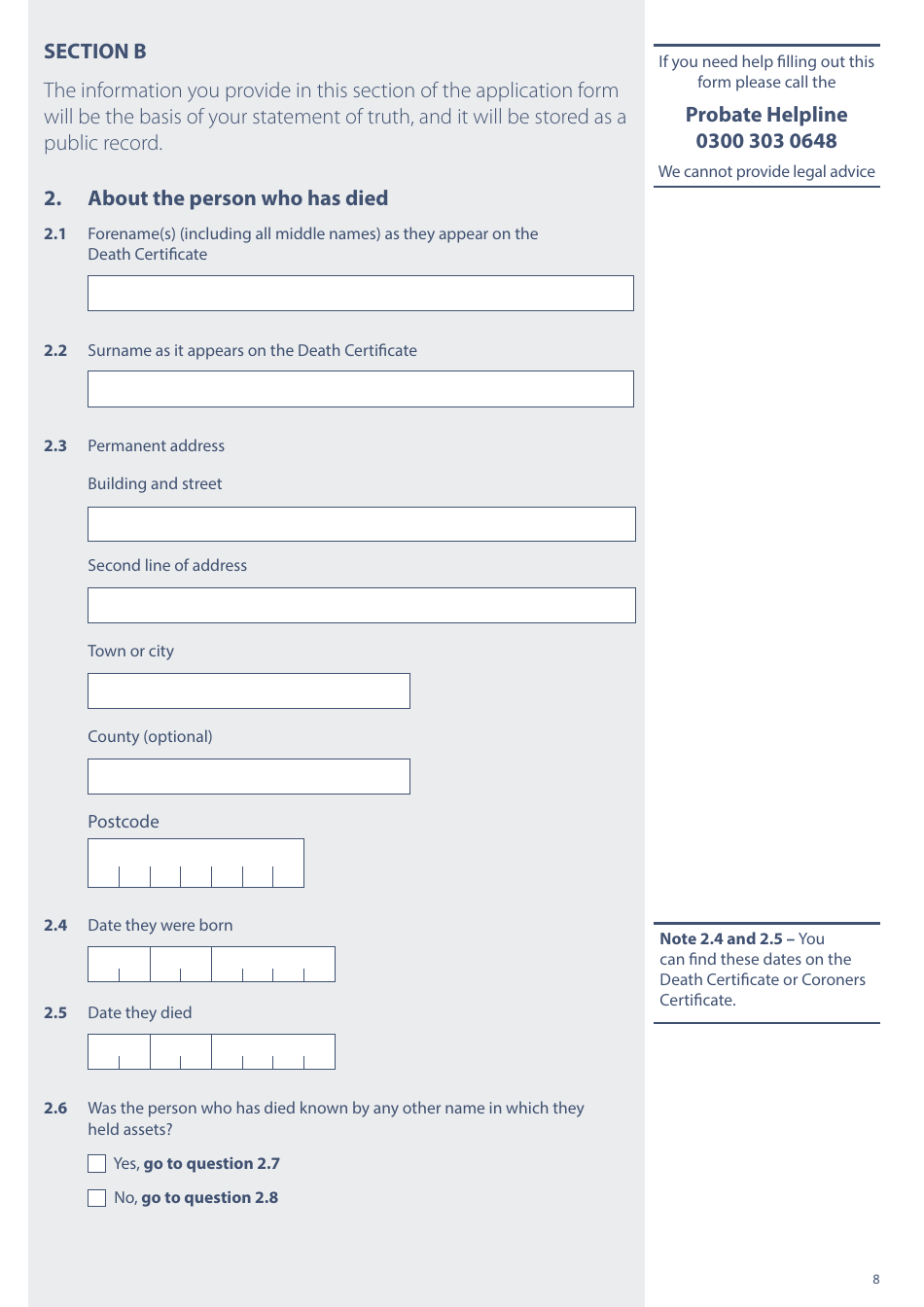 Form PA1A Probate Application - Without a Will - Probate Practitioners - United Kingdom, Page 8