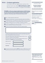 Form PA1A Probate Application - Without a Will - Citizen Applicants - United Kingdom