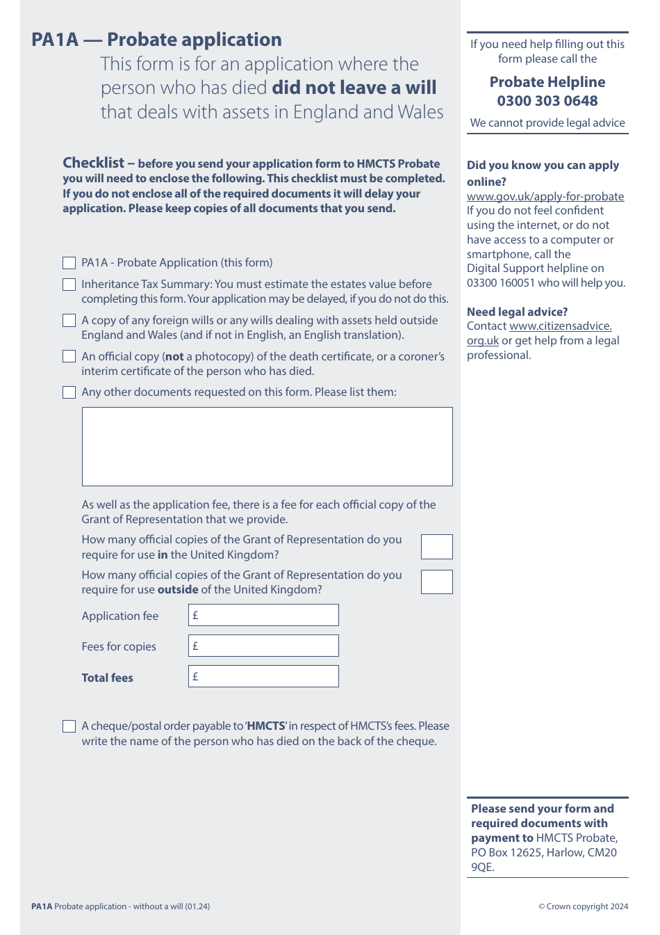 Form PA1A Probate Application - Without a Will - Citizen Applicants - United Kingdom, Page 1