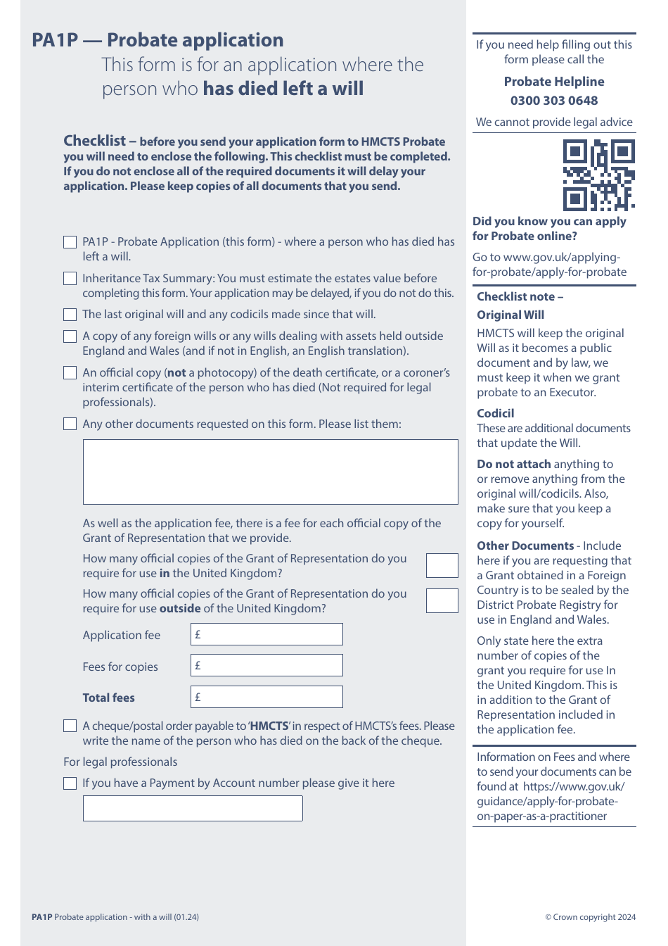 Form PA1P Probate Application - With a Will - Probate Practitioners Only - United Kingdom, Page 1