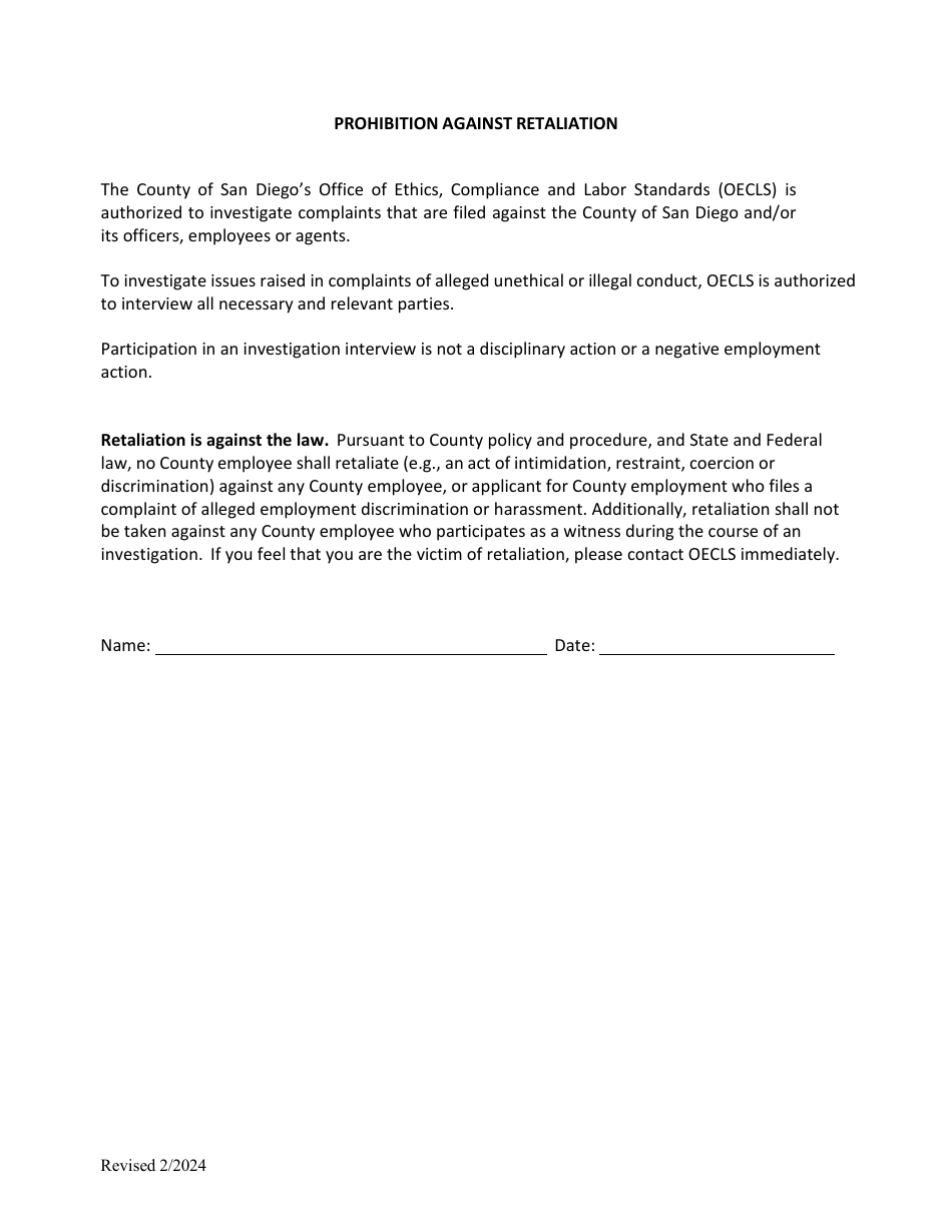 Discrimination, Harassment and Retaliation Complaint Form - County of San Diego, California, Page 4