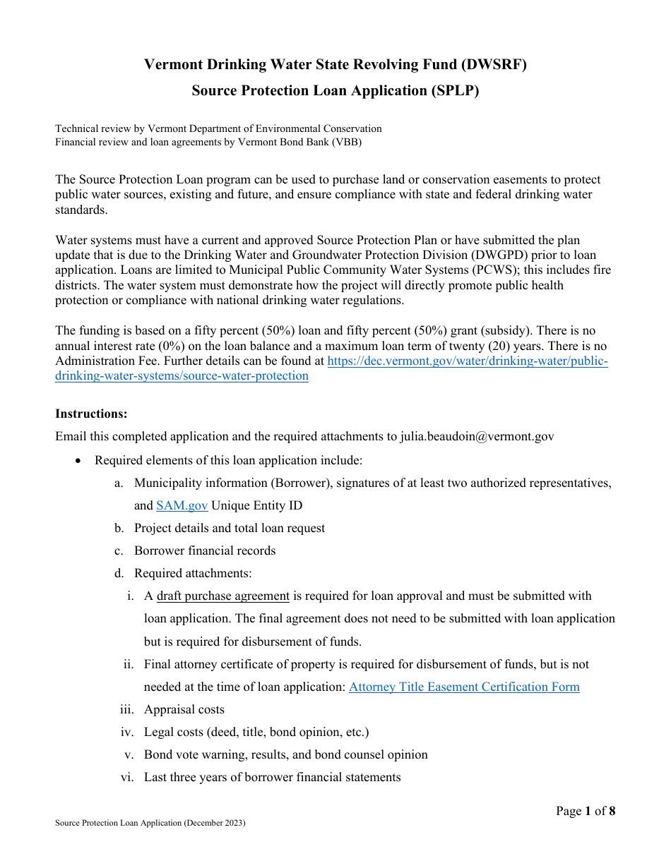 Source Protection Loan Application (Splp) - Vermont Drinking Water State Revolving Fund (Dwsrf) - Vermont, Page 1