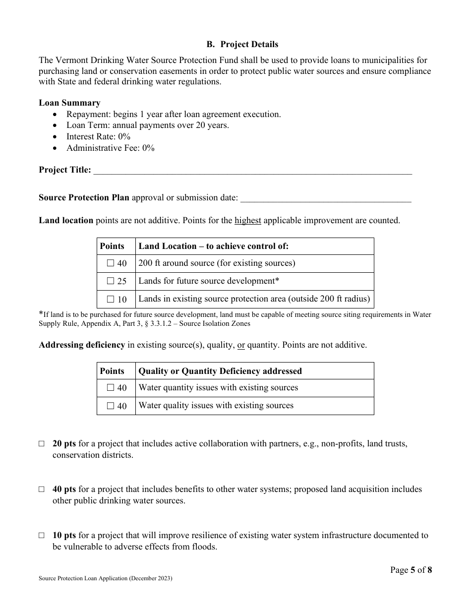 Source Protection Loan Application (Splp) - Vermont Drinking Water State Revolving Fund (Dwsrf) - Vermont, Page 5
