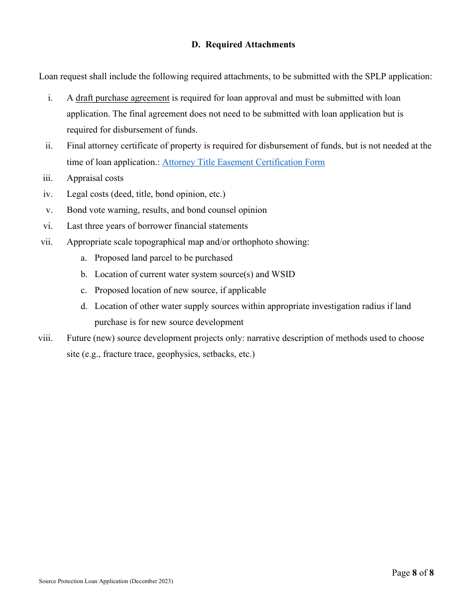 Source Protection Loan Application (Splp) - Vermont Drinking Water State Revolving Fund (Dwsrf) - Vermont, Page 8