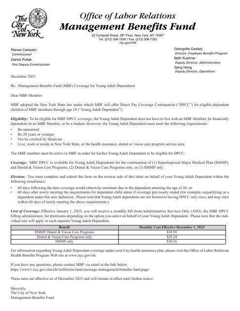 Mbf Direct Pay Coverage Continuation (Dpcc) for Young Adult Dependent Enrollment Form for the Continuation of the Superimposed Major Medical Plan (Smmp) and/or Dental and Vision Care Benefit Programs - New York City