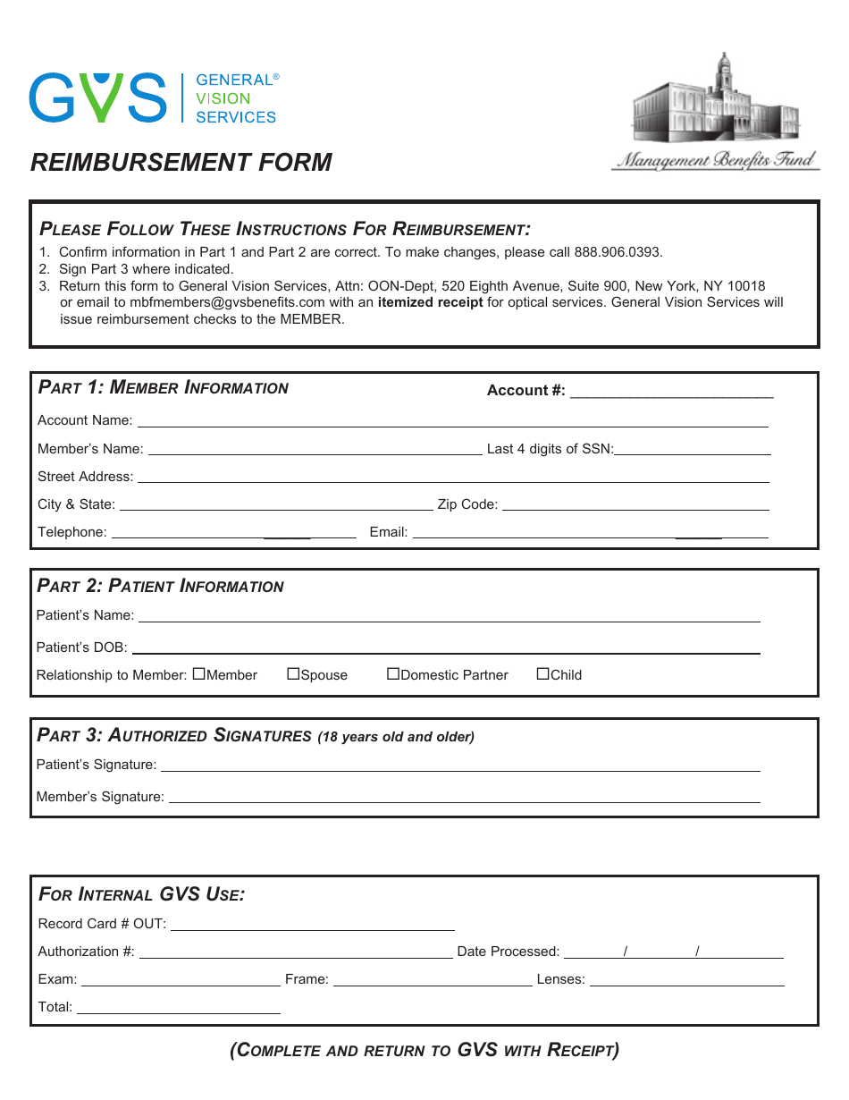 Vision Care Claim Form - Gvs - New York City, Page 1