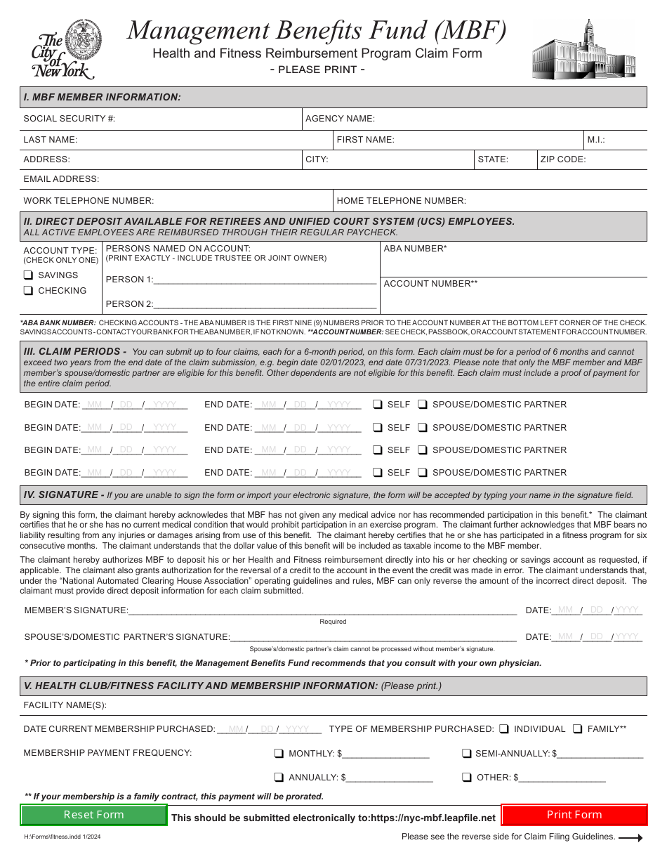 Health and Fitness Reimbursement Program Claim Form - Management Benefits Fund (Mbf) - New York City, Page 1