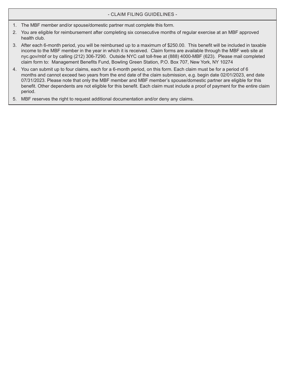 Health and Fitness Reimbursement Program Claim Form - Management Benefits Fund (Mbf) - New York City, Page 2