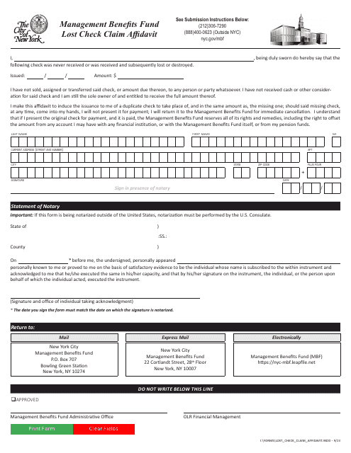 Management Benefits Fund Lost Check Claim Affidavit - New York City