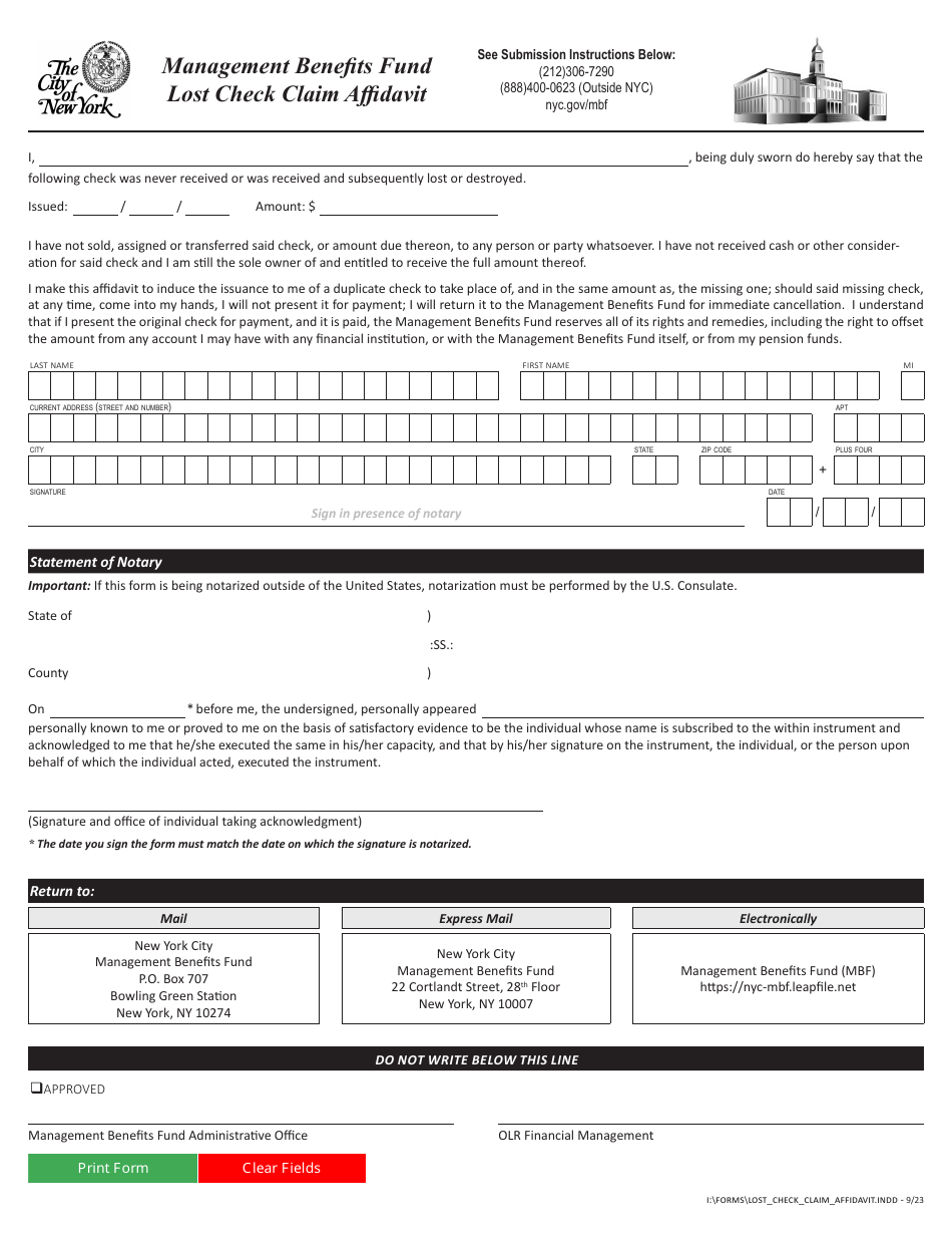 Management Benefits Fund Lost Check Claim Affidavit - New York City, Page 1