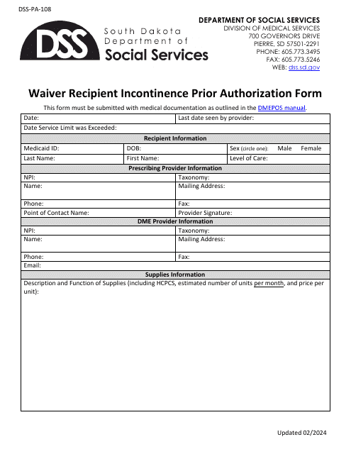 Form DSS-PA-108 Waiver Recipient Incontinence Prior Authorization Form - South Dakota