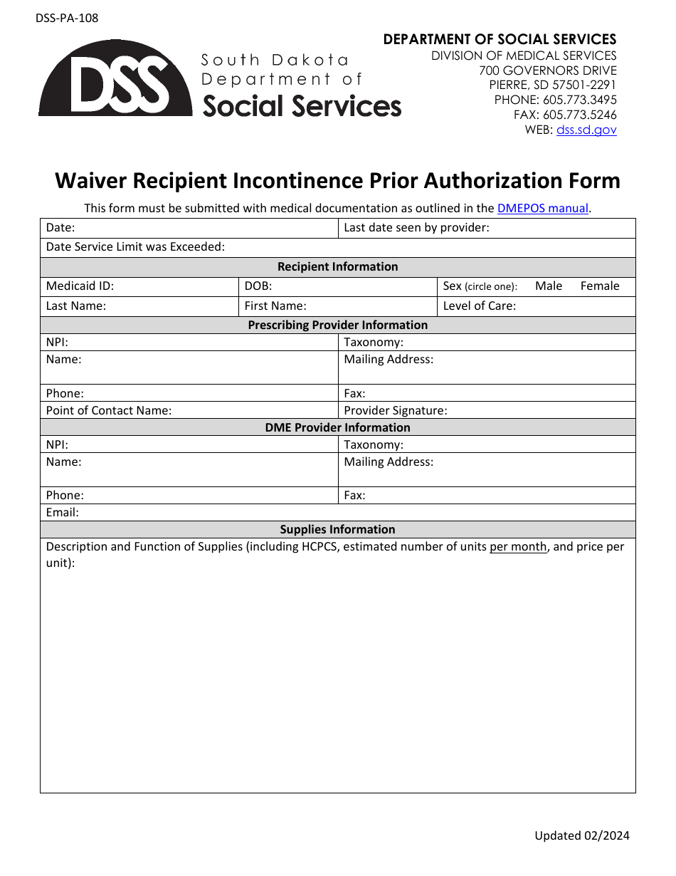 Form DSS-PA-108 Waiver Recipient Incontinence Prior Authorization Form - South Dakota, Page 1