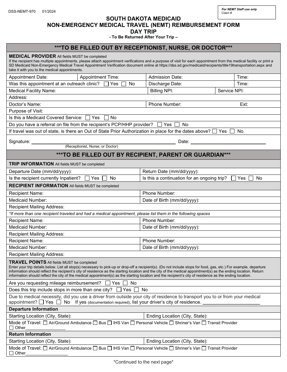 Form DSS-NEMT-970 South Dakota Medicaid Non-emergency Medical Travel (Nemt) Reimbursement Form - Day Trip - South Dakota, Page 1