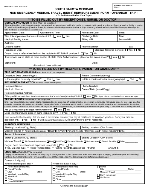 Form DSS-NEMT-950.2 South Dakota Medicaid Non-emergency Medical Travel (Nemt) Reimbursement Form - Overnight Trip - South Dakota