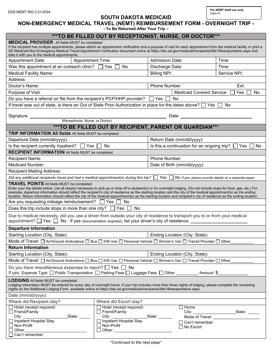 Form DSS-NEMT-950.2 South Dakota Medicaid Non-emergency Medical Travel (Nemt) Reimbursement Form - Overnight Trip - South Dakota, Page 1