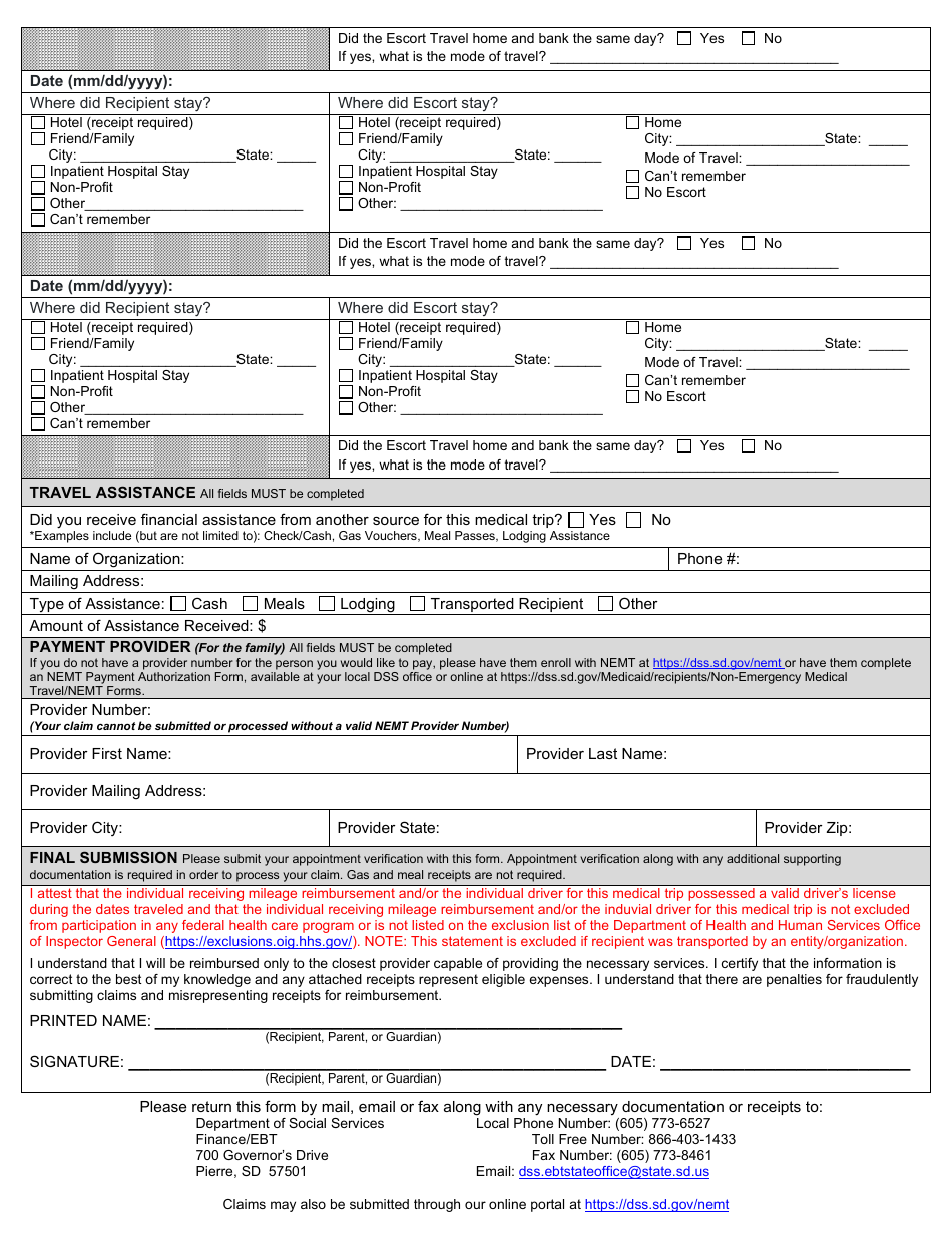 Form DSS-NEMT-950.2 South Dakota Medicaid Non-emergency Medical Travel (Nemt) Reimbursement Form - Overnight Trip - South Dakota, Page 2